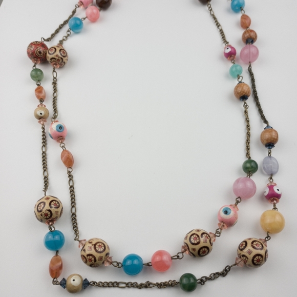 NWT Beaded Necklace Unique Double Chain Colorful Bright Multicolor Women's - Picture 4 of 6